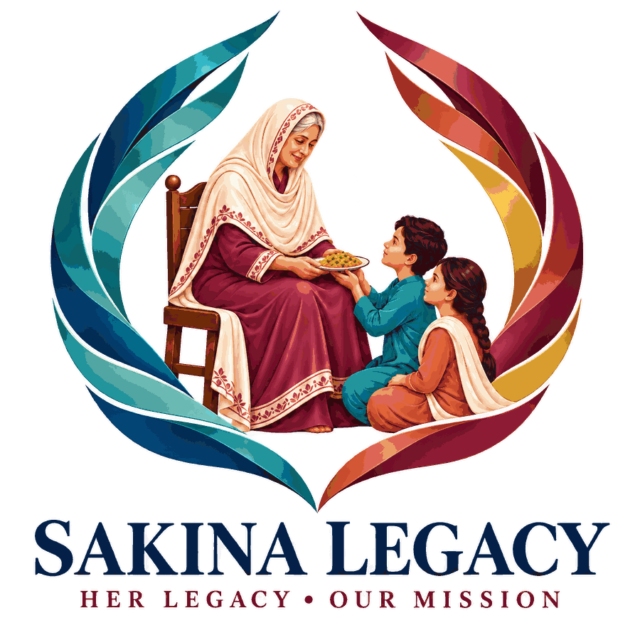 The Sakina Legacy emblem: a grandmother sharing with two children, held between two open hands